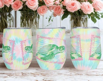 Retro havssköldpadda 12oz vinglas, söt tie dye strand sommarvinkopp med lock, resemugg, festgåva, brudtärnepresent, mammapresent