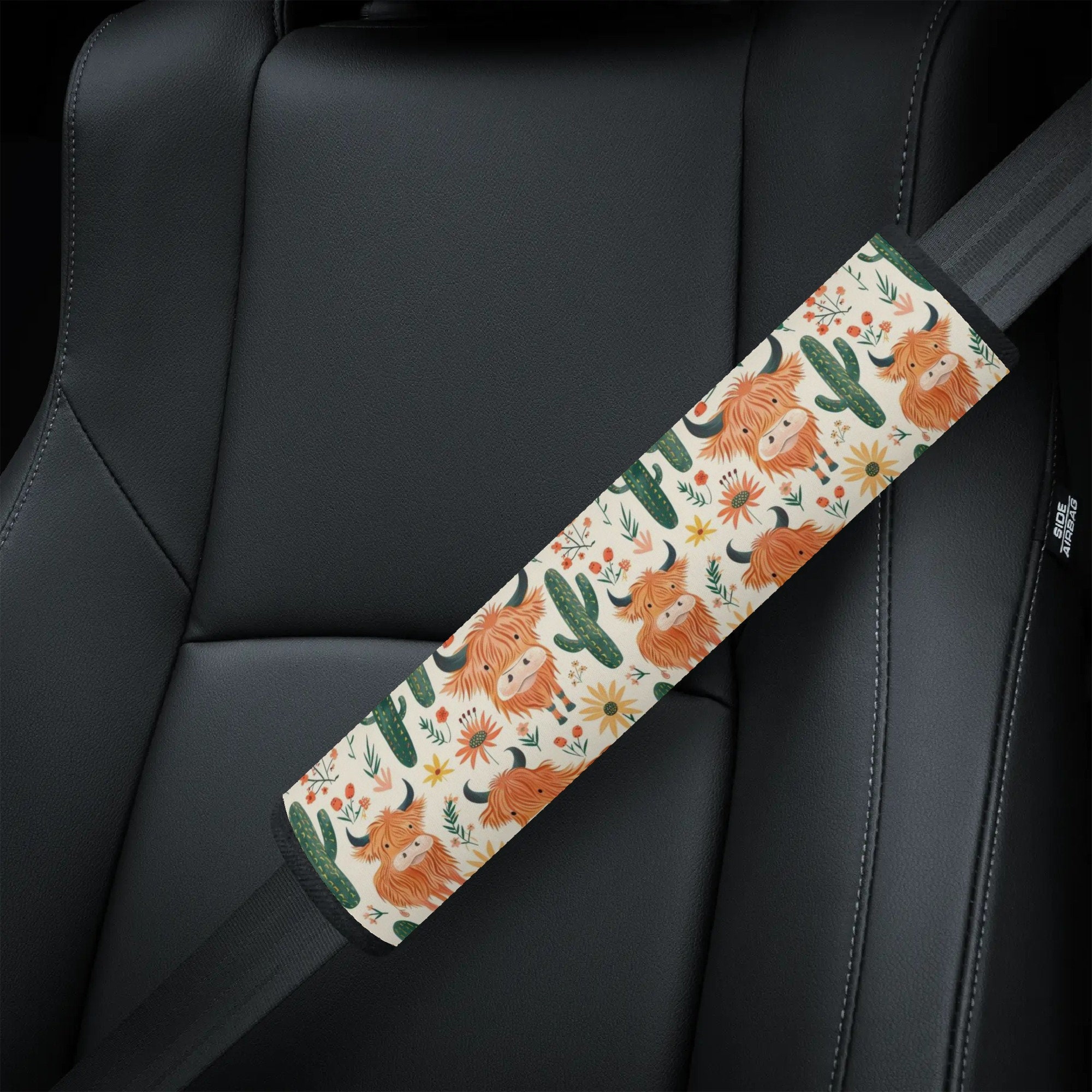 GAIREG Highlands Cow & Flowers Strap Cover Set | Car Seatbelt Pad & Stroller Belt Covers (Pair, 2 Sizes)