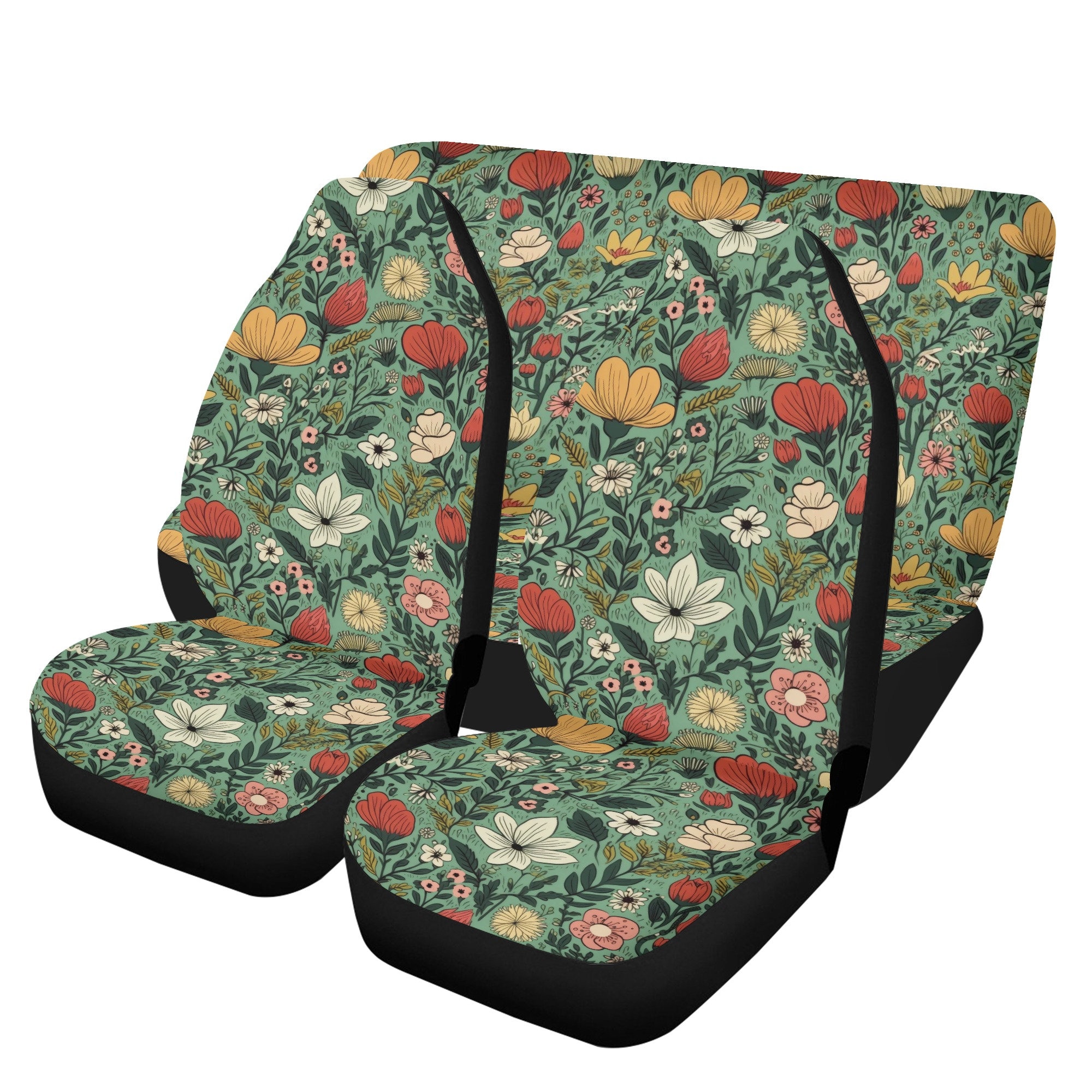 Cottagecore Green Floral Car Seat Covers Full Set, Nature Boho Flowers
