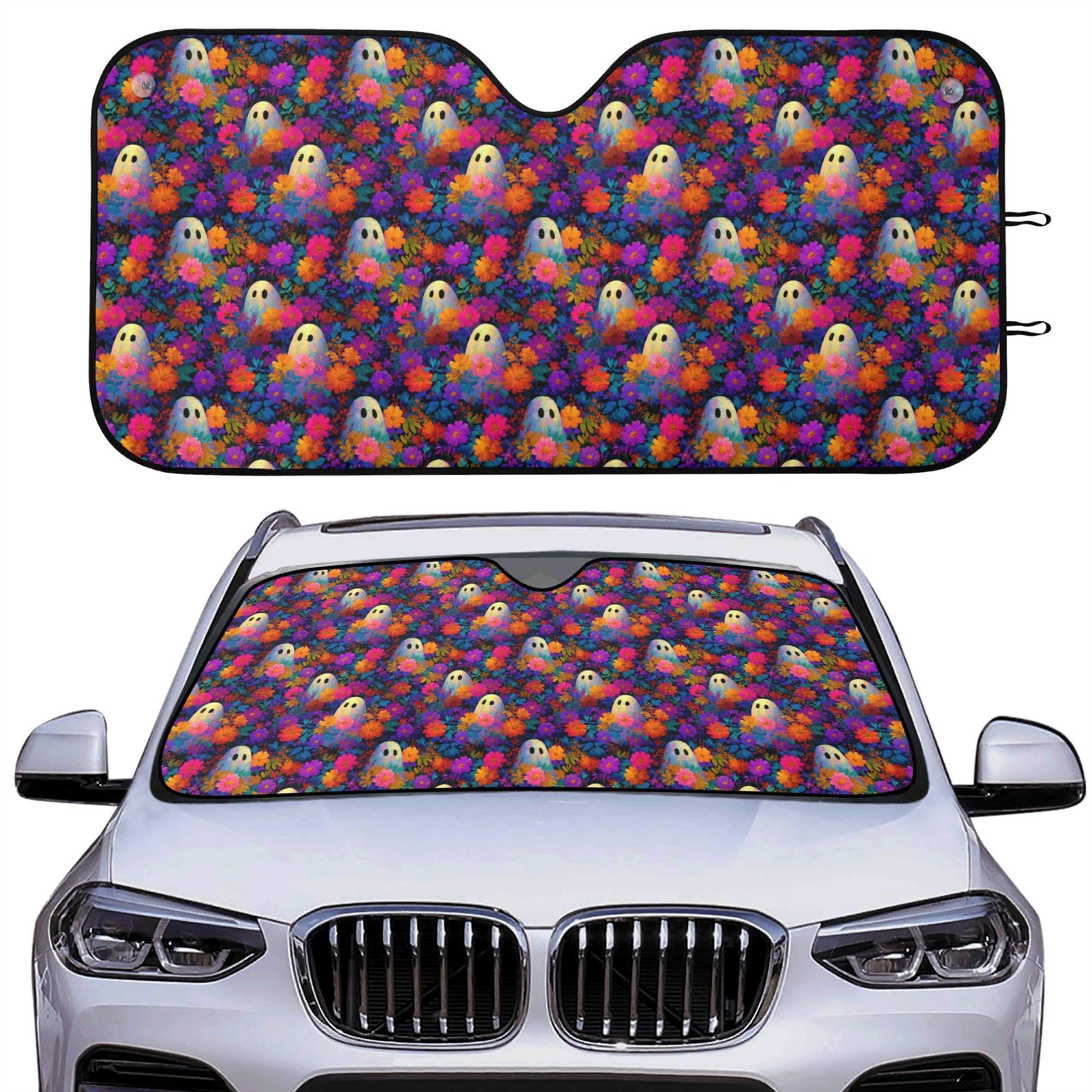 Spooky Flower Garden Car Auto Sun Shade, Ghost Floral Windshield Sunshade, Summer Car Decor Gift, Car Accessories, Front Window Cover