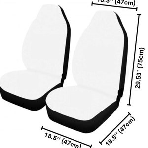 May include: Two white car seat covers with black trim and adjustable straps. The covers measure 18.5 inches wide and 29.53 inches long.