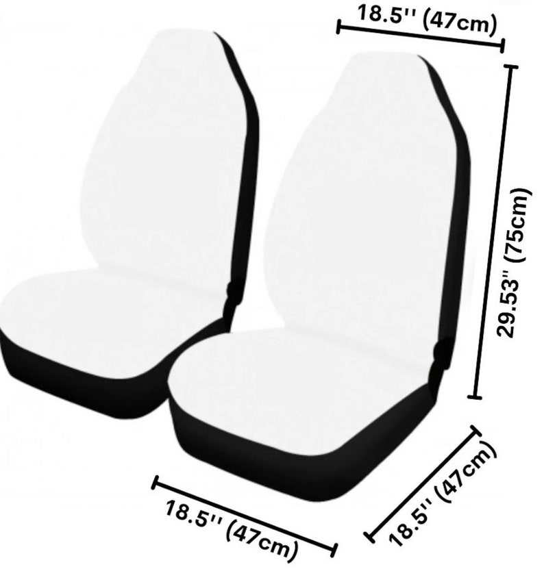 May include: Two white car seat covers with black trim and adjustable straps. The covers measure 18.5 inches wide and 29.53 inches long.