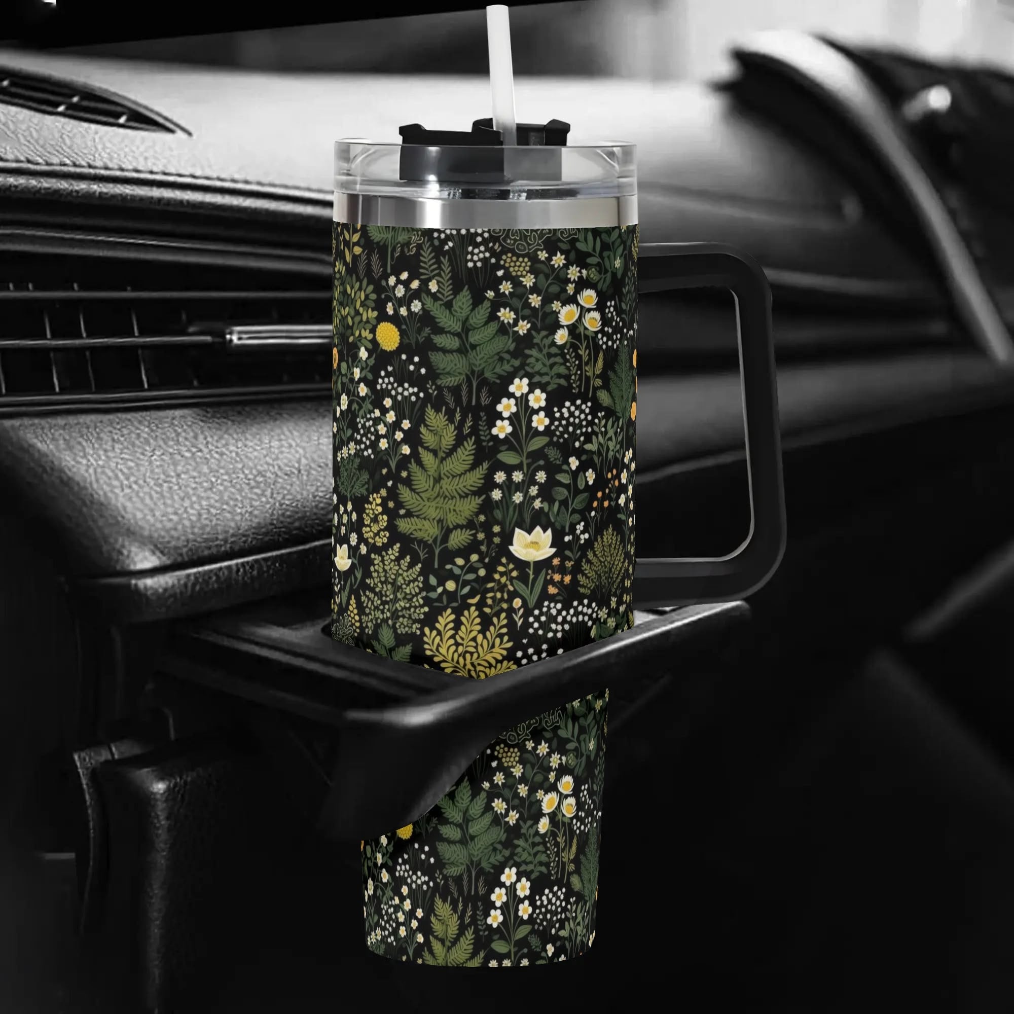 FYSUIMU 40oz Vintage Wildflower Tumbler With Handle - Stainless Steel Travel Cup With Straw & Lid