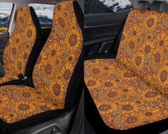 Hippie Sunflowers Car Seat Covers Full Set, Retro Floral Seat Cover For Women Front And Back Seat Covers Steering Wheel Cover Car Decor Gift