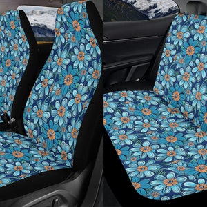 Retro 1960s Floral Car Seat Covers Full Set, Groovy Flowers Front And Back Seat Covers For Woman, Steering Wheel Cover, Car Decor Gift