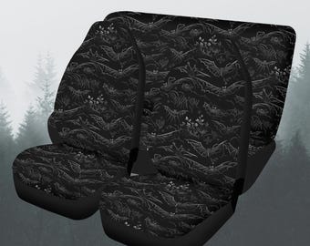 Bats Black And White Car Seat Covers Full Set, Goth Halloween Front And Back Seat Covers For Vehicle, Steering Wheel Cover, Car Decor Gift