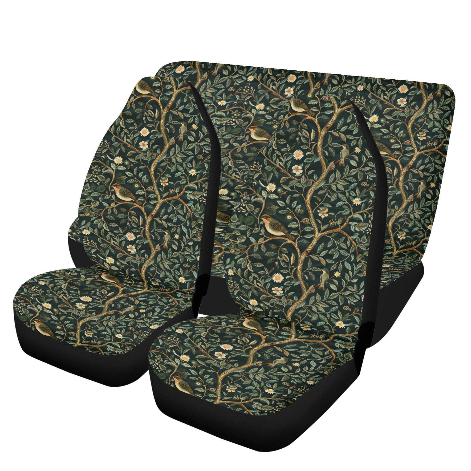 Retro Green Forest Car Seat Cover Full Set, Nature Bird Floral Front And Back Seat Covers For Vehicle,