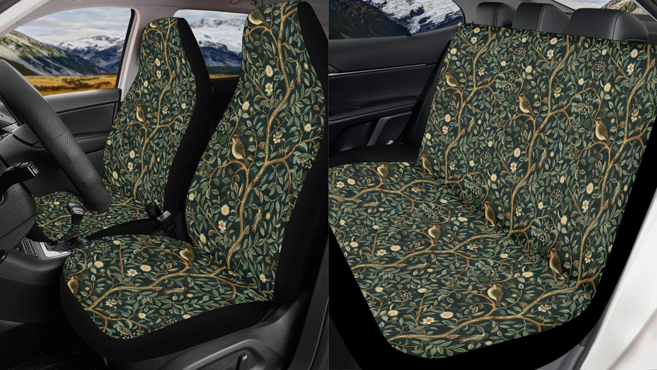 Retro Green Forest Car Seat Cover Full Set, Nature Bird Floral Front And Back Seat Covers For Vehicle,