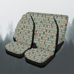 Abstract Green Retro Car Seat Cover Full Set, Front And Back Seat Covers For Woman, Car Seat Protector, Steering Wheel Cover, Car Decor Gift