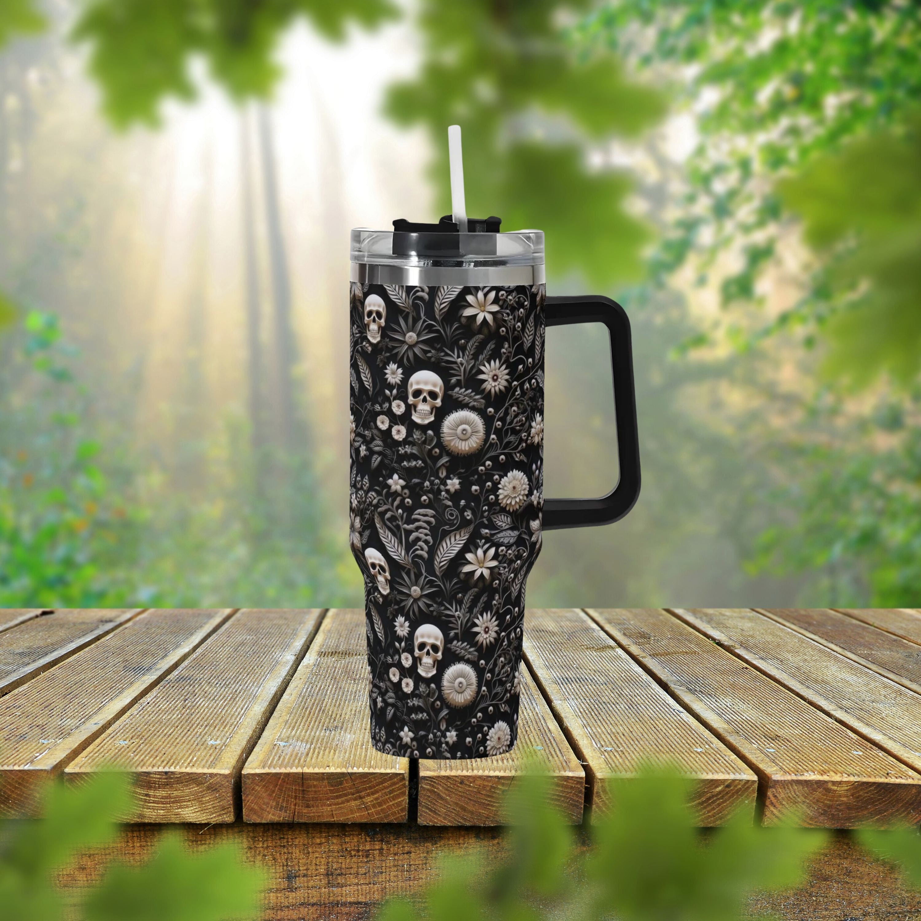 Witchy Skull Floral 40oz Stainless Steel Tumbler With Handle Lid