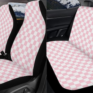 Pink Ribbon Checkered Car Seat Cover Full Set, Cute Aesthetic Front And Back Seat Covers For Vehicle, Steering Wheel Cover, Car Decor Gift