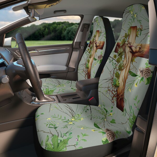 Retro Wooden Cross Floral Set Of Two Front Car Seat Covers, Christian Biblical Seat Covers For Women, Car Accessories, Car Seat Protector