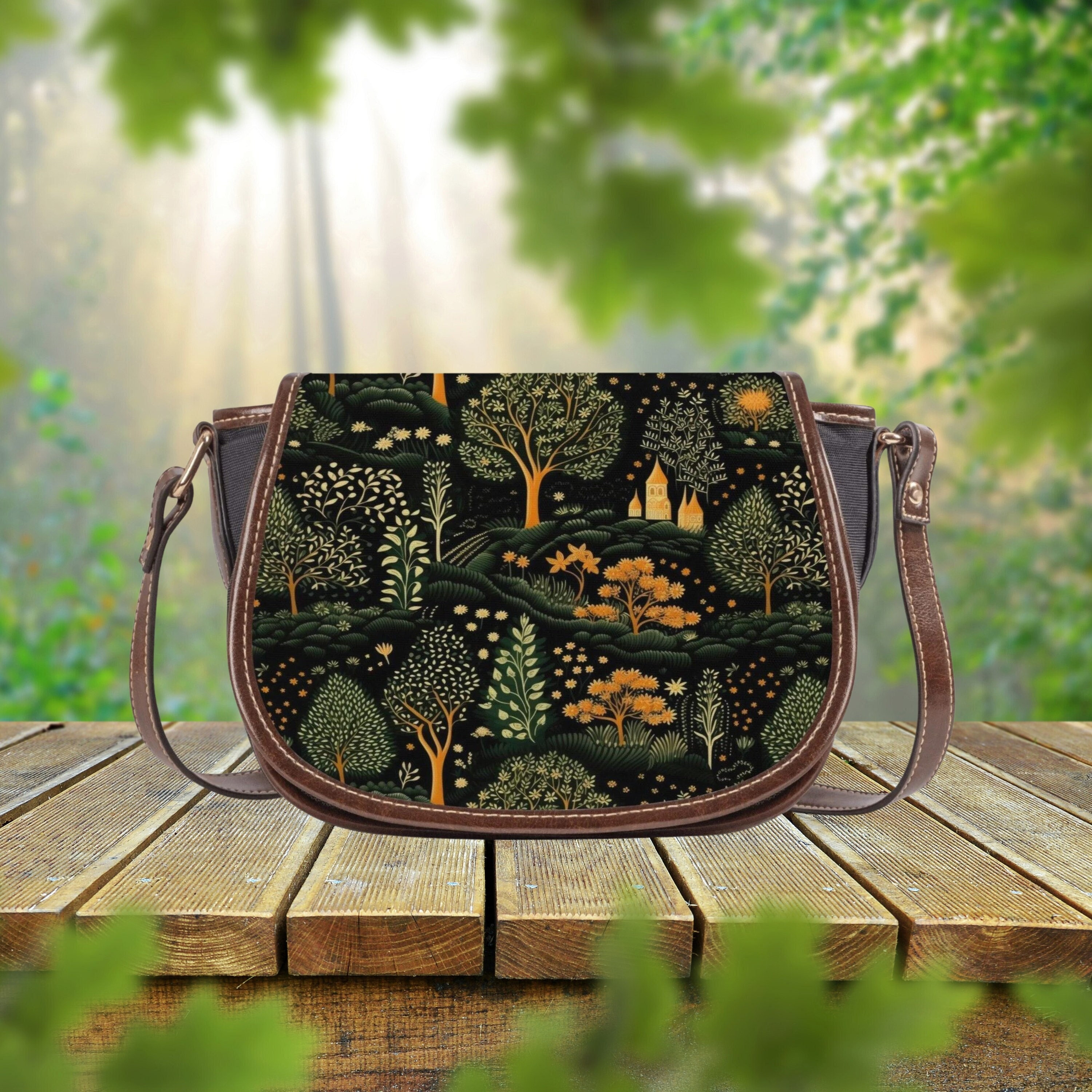 Forest Cottagecore Nylon Canvas Saddle Bag, Witchy Mystical Floral Hippie Crossbody Bag Women, Boho Shoulder Bag, Mother's Day Gift Forest Cottagecore Nylon Canvas Saddle Bag, Witchy Mystical Floral Hippie Crossbody Bag Women, Boho Shoulder Bag, Mother's Day Gift