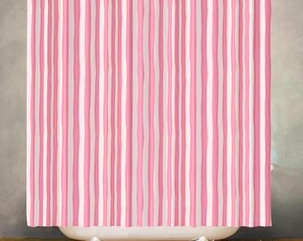 Doodle Stripe Waterproof Shower Curtain, Retro Pink Bathroom Decor, Polyester Fabric, Machine Washable Bath Curtain, Includes 12 Hooks