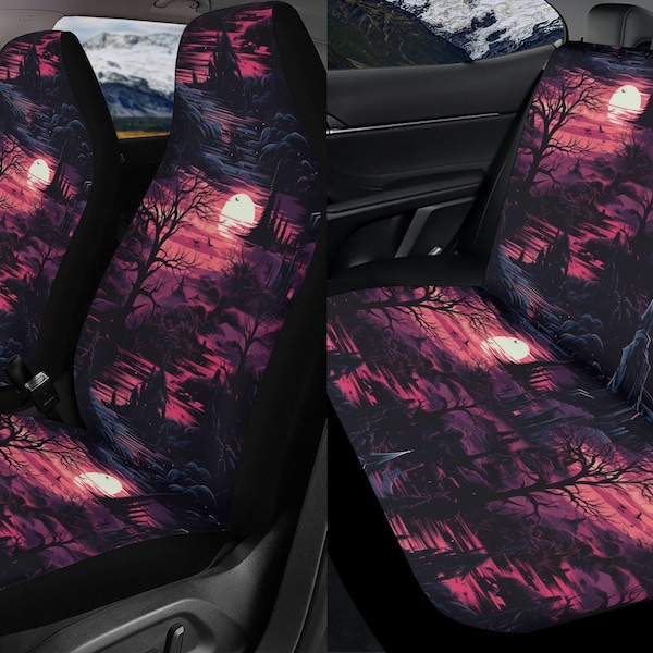 Moon Gothic Car Seat Covers Full Set, Aesthetic Spooky Horror Front And Back Seat Cover For Vehicle, Steering Wheel Cover, Car Decor Gift