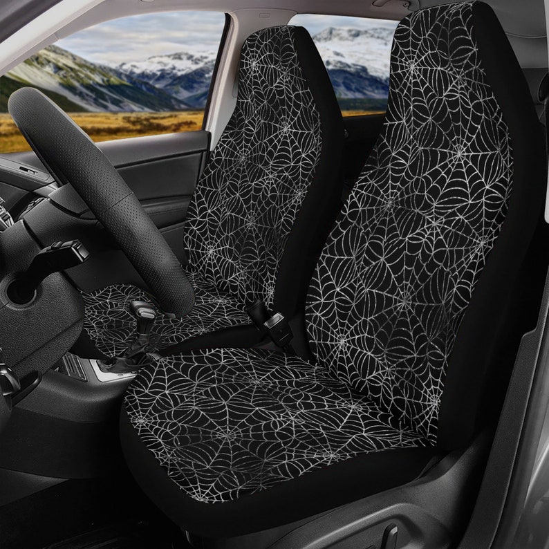 Juego completo de fundas para asientos de coche con diseño de telarañas oscuras, fundas para asientos delanteros y traseros espeluznantes de Halloween para vehículos, funda para volante, regalo de decoración para coches Front Seat (2pcs)