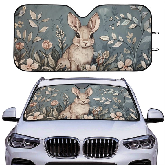 Cottagecore Bunny Car Sunshade, Aesthetic Car Decor, Windshield Cover, Floral Nature Lover, Front Window Cover, Car Gift