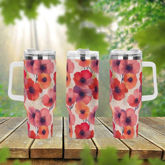 【POPPY】floral wave cargo (あさぎーにょ) Poppy Flowers 40oz Stainless Steel Tumbler With Handle Lid and