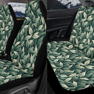 Leaf Green Car Seat Covers Full Set, Aesthetic Nature Botanical Front And Back Seat Covers For Vehicle, Steering Wheel Cover, Car Decor Gift