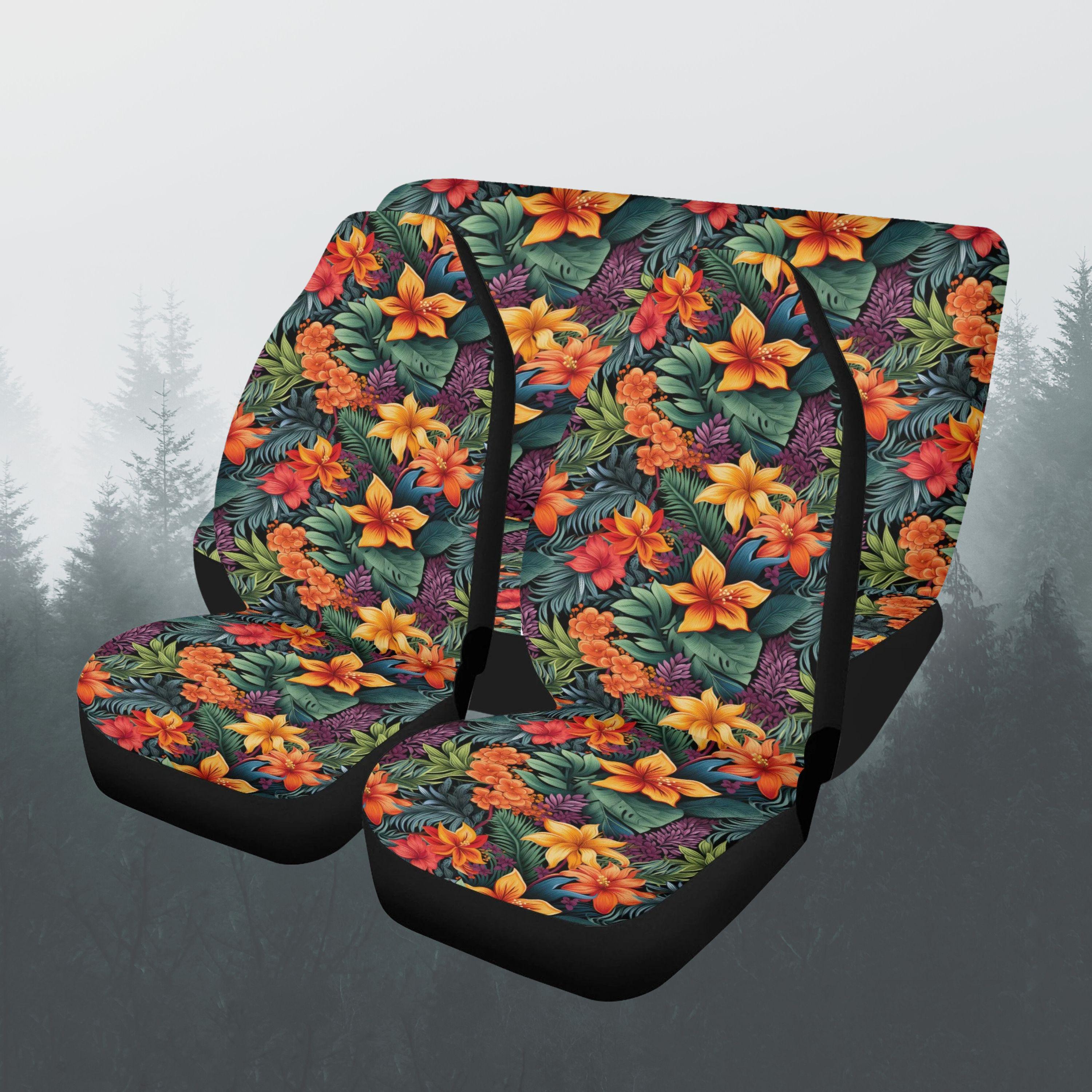 BDK Pink Hawaiian Flowers Car Seat Cover Set With Floor Mats & Steering Wheel Cover