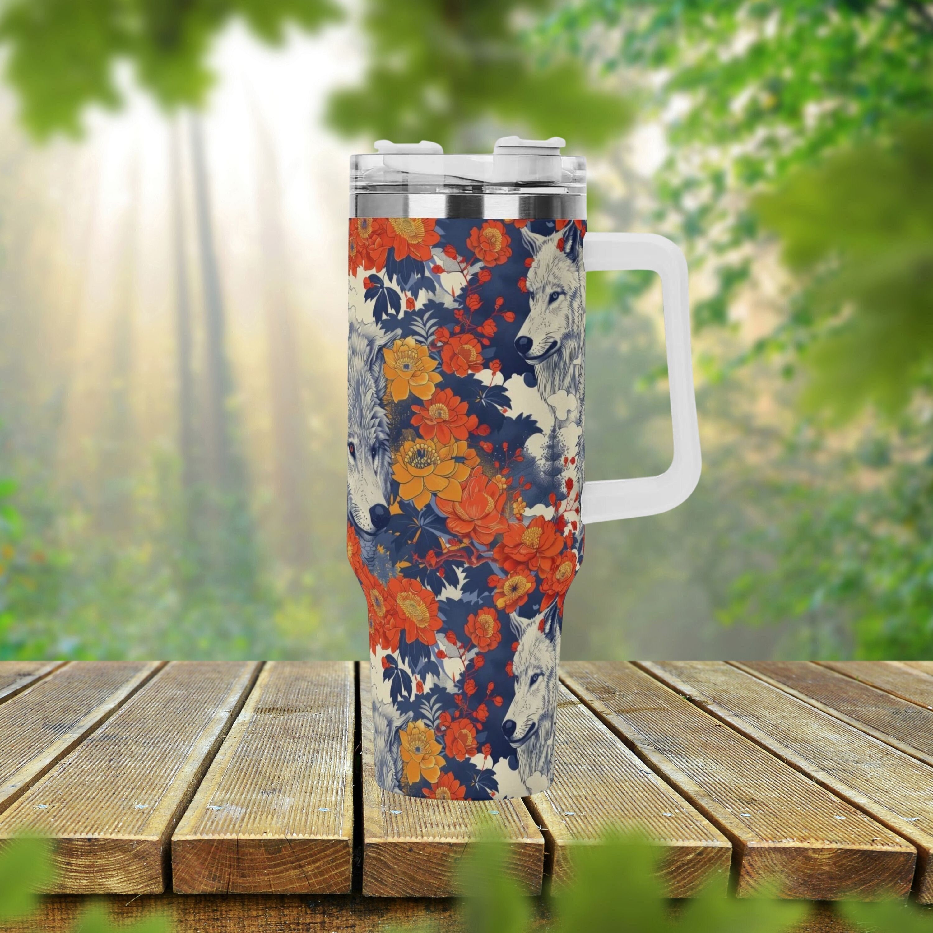 Retro Wolf Floral 40 Unzen Edelstahlbecher mit Griffdeckel und Strohhalm, Waldtiergetränkebecher, Reisebecher, Wolf-Liebhaber-Bechergeschenk