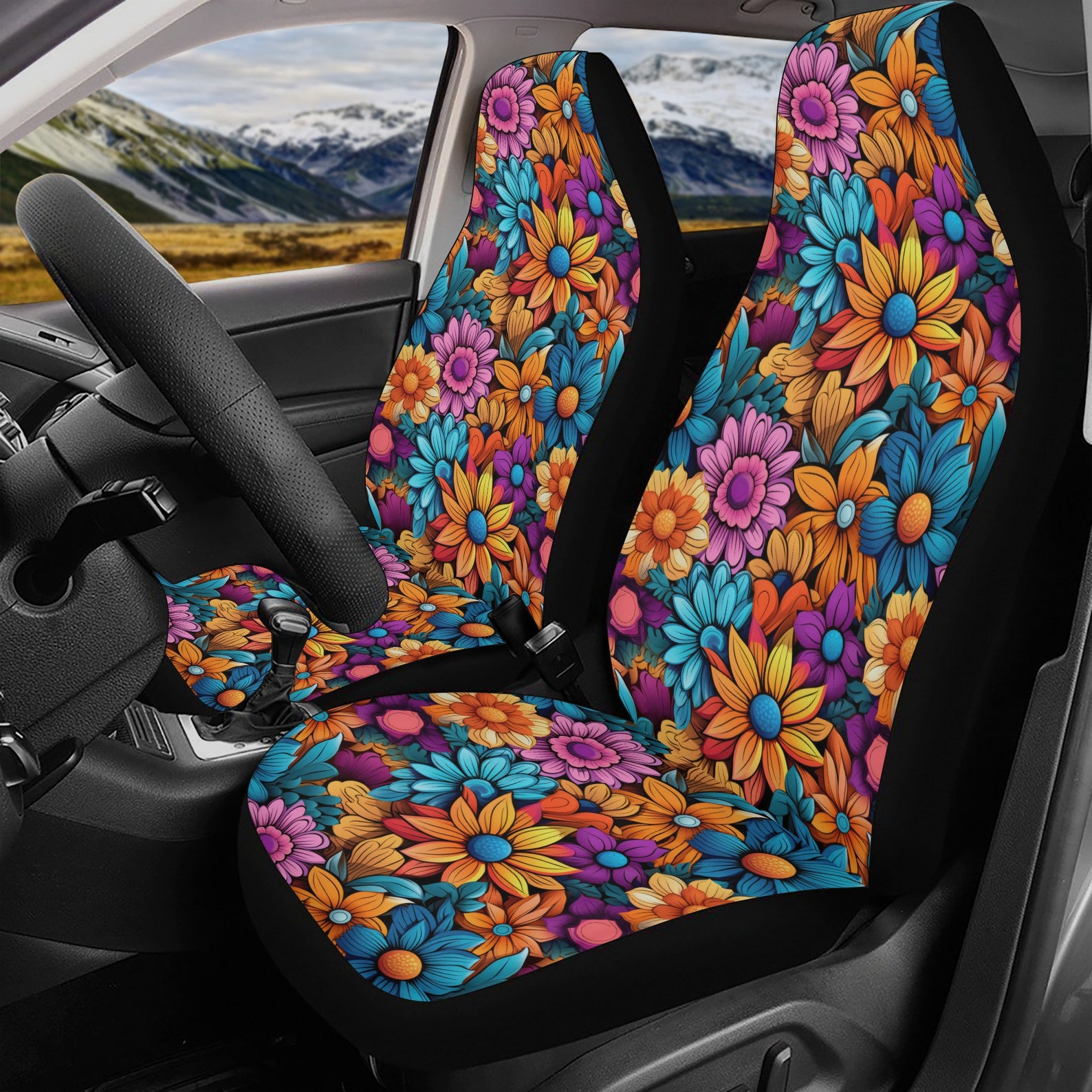 Hippie Flowers Car Seat Covers Full Set, Retro 70s Floral Seat Covers ...