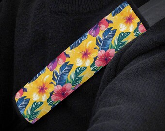Hawaiian Floral Car Seat Belt Covers, Tropical Summer Hibiscus Seat Belt Strap Cover, Car Seat Belt Pad, Car Accessories Car Decor Gift