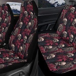 Skeleton Red Floral Car Seat Covers Full Set, Gothic Skull Front And Back Seat Covers For Vehicle, Steering Wheel Cover, Halloween Car Gift