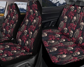 Skeleton Red Floral Car Seat Covers Full Set, Gothic Skull Front And Back Seat Covers For Vehicle, Steering Wheel Cover, Halloween Car Gift