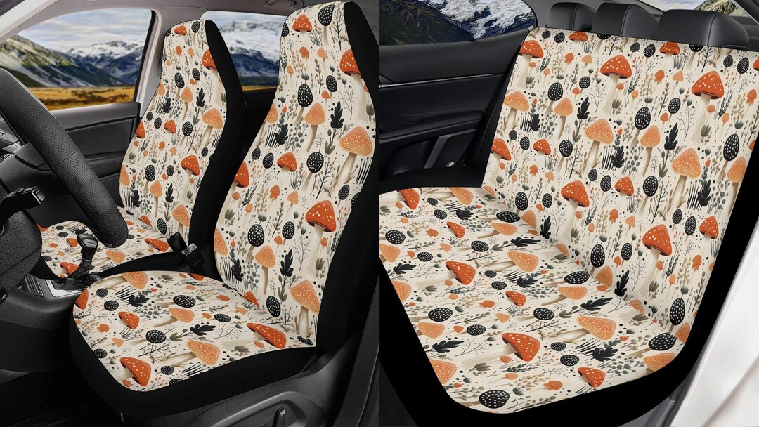 Cottagecore Mushroom Car Seat Covers Full Set, Cute Nature Forest Front and Back Seat Covers for