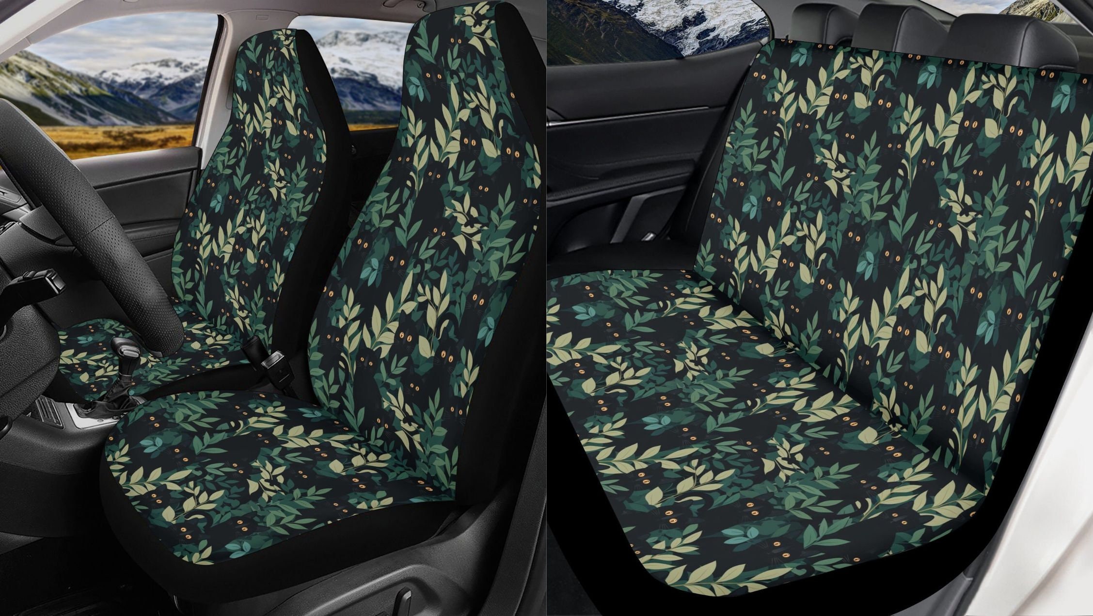 Witchy Cat Forest Car Seat Cover Full Set, Steering Wheel Cover, Car Decor Gift