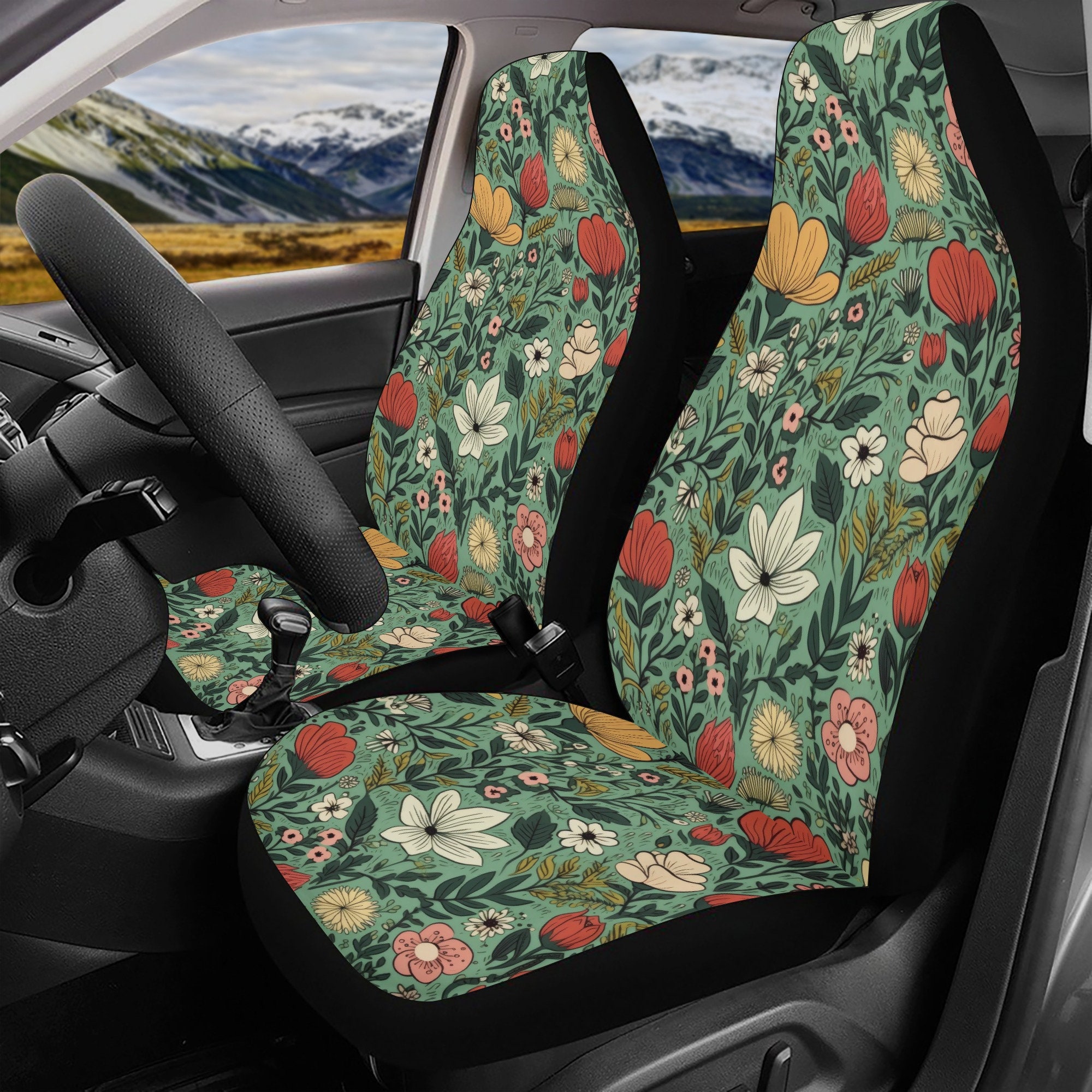 Cottagecore Green Floral Car Seat Covers Full Set, Nature Boho Flowers