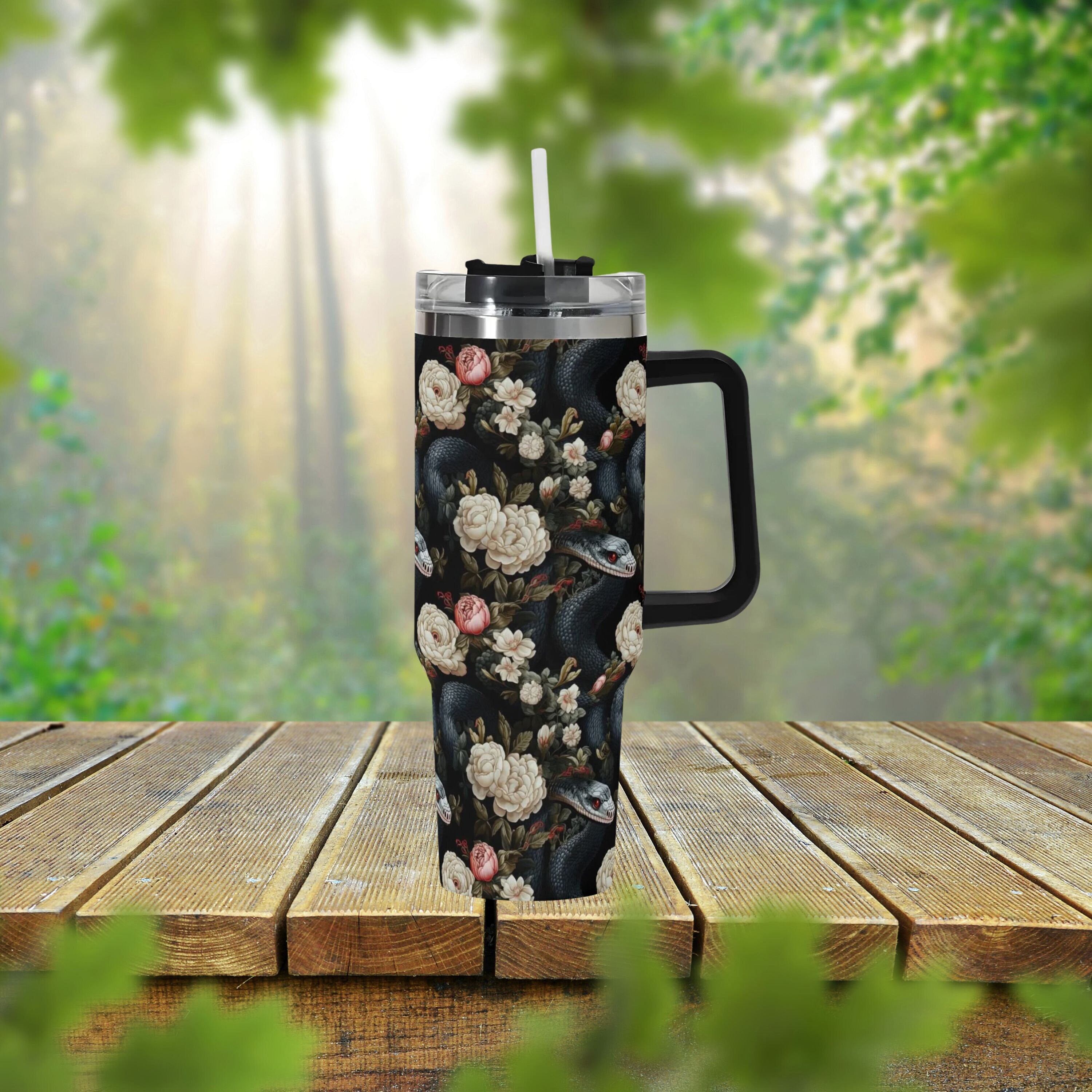 Gothic Snake Floral 40oz Stainless Steel Tumbler With Handle Lid