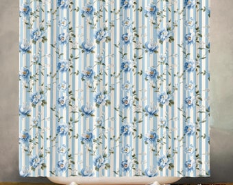 Blue Boho Floral Waterproof Shower Curtain, Bathroom Decor, Polyester Fabric, Machine Washable Bath Curtain, Includes 12 Hooks
