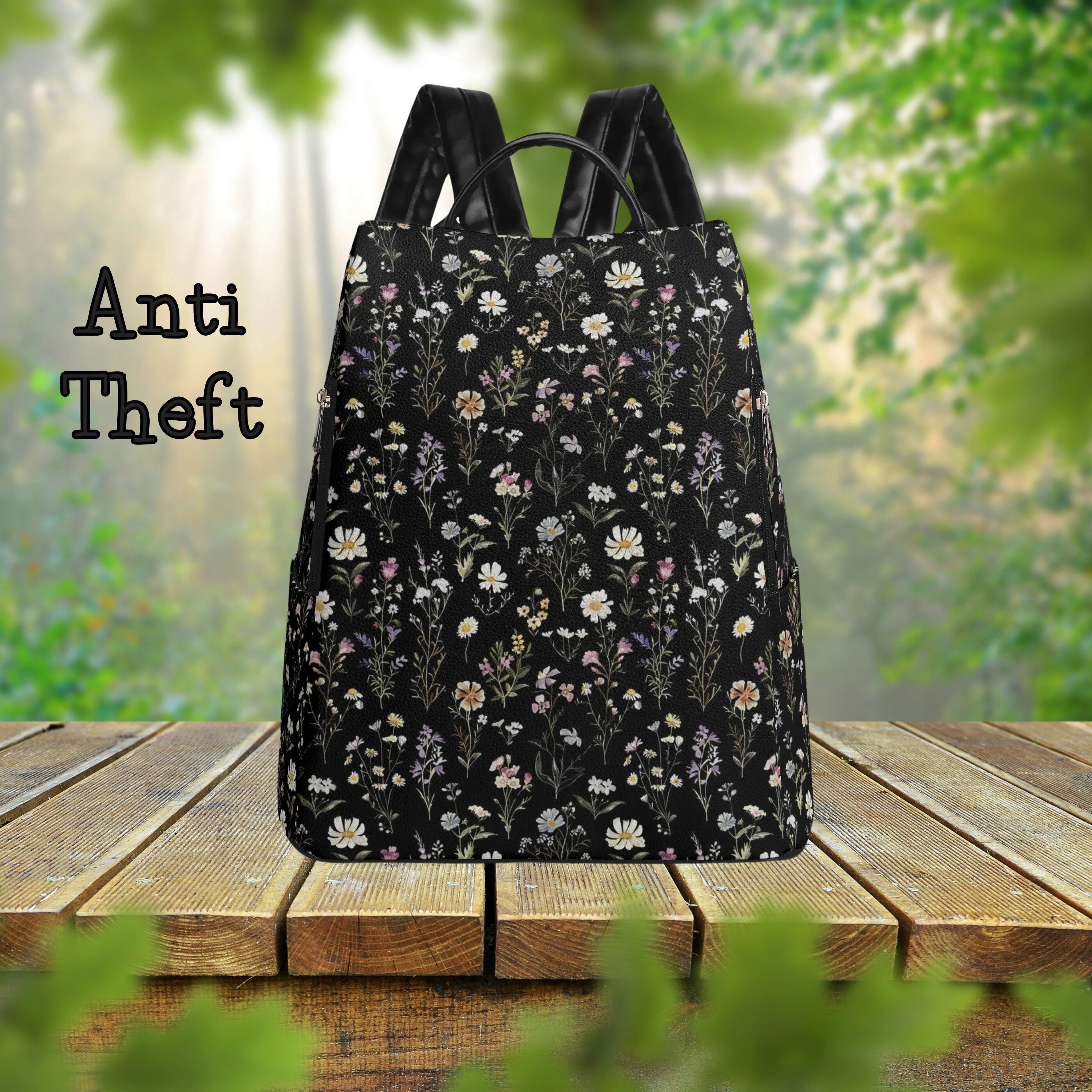 Cottagecore Floral PU Leather Anti Theft Backpack, Safe Backpack for Woman,  Cute Aesthetic Travel Bag, Back to School Rucksack, Gift for Her - Etsy