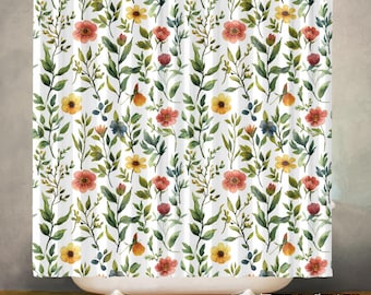 Wildflowers Floral Waterproof Shower Curtain, Cottagecore Bathroom Decor, Polyester Fabric, Machine Washable Bath Curtain, Includes 12 Hooks