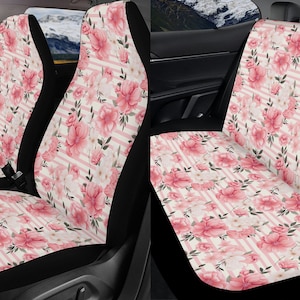 Pink Floral Striped Car Seat Covers Full Set, Aesthetic Flower Front And Back Seat Covers For Woman, Steering Wheel Cover, Car Decor Gift