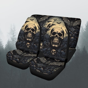 Skull And Bats Spooky Car Seat Covers Full Set, Goth Halloween Front And Back Car Seat Covers For Vehicle, Steering Wheel Cover, Car Gift