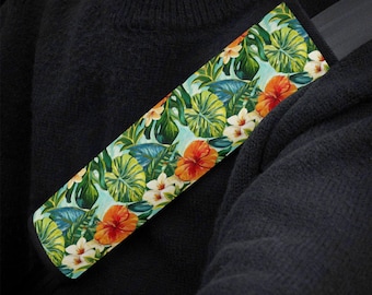 Hawaiian Floral Car Seat Belt Covers, Tropical Summer Flowers Seat Belt Strap Cover, Car Seat Belt Pad, Car Accessories Car Decor Gift
