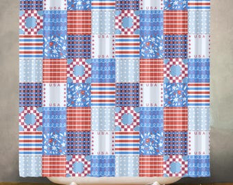 Americana Patriotic Waterproof Shower Curtain, Bathroom Decor, Polyester Fabric, Machine Washable Bath Curtain, Includes 12 Hooks