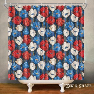 May include: A shower curtain with a floral pattern of red, white, and blue flowers on a dark blue background. The flowers are stylized and arranged in a repeating pattern. The text "ZEN & SHAPE" is visible at the bottom right.