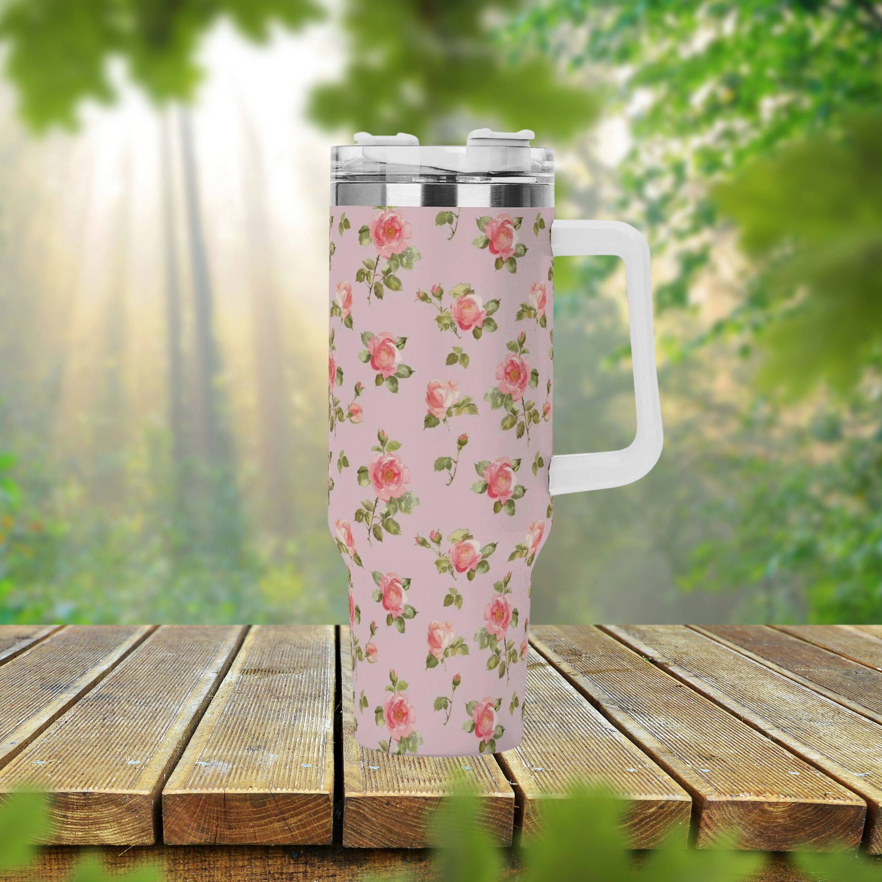 Rose Floral 40oz Stainless Steel Tumbler With Handle Lid and Straw