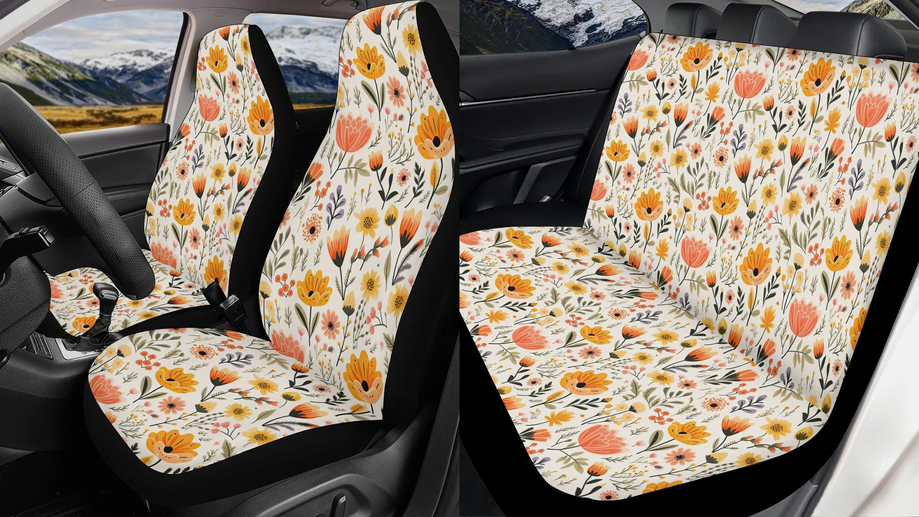 Yellow Wildflowers Car Seat Covers Full Set, Boho Wild Floral