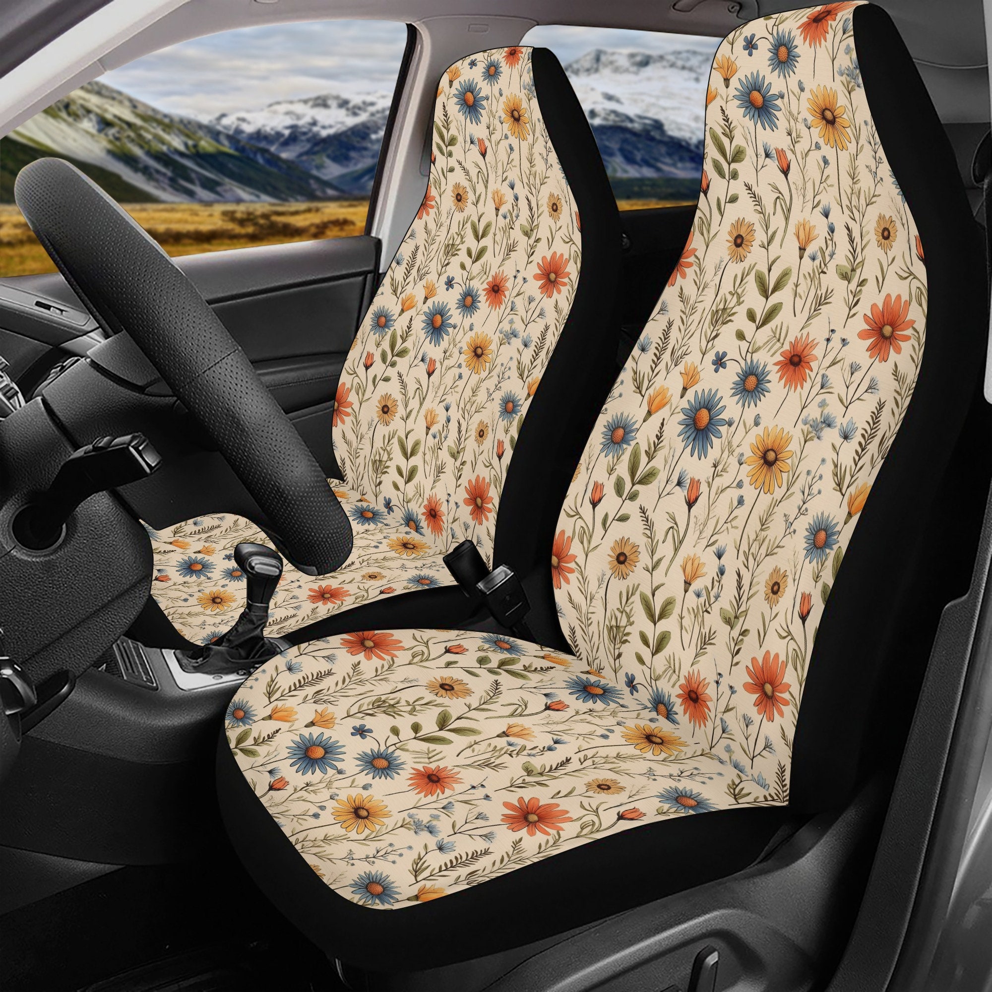 Daisy Flowers Car Seat Covers Full Set, Aesthetic Neutral Tone Seat ...