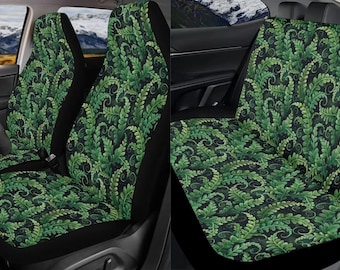 Witchy Fern Leaf Car Seat Cover Full Set, Green Botanical Front And Back Seat Covers For Vehicle, Steering Wheel Cover, Car Decor Gift