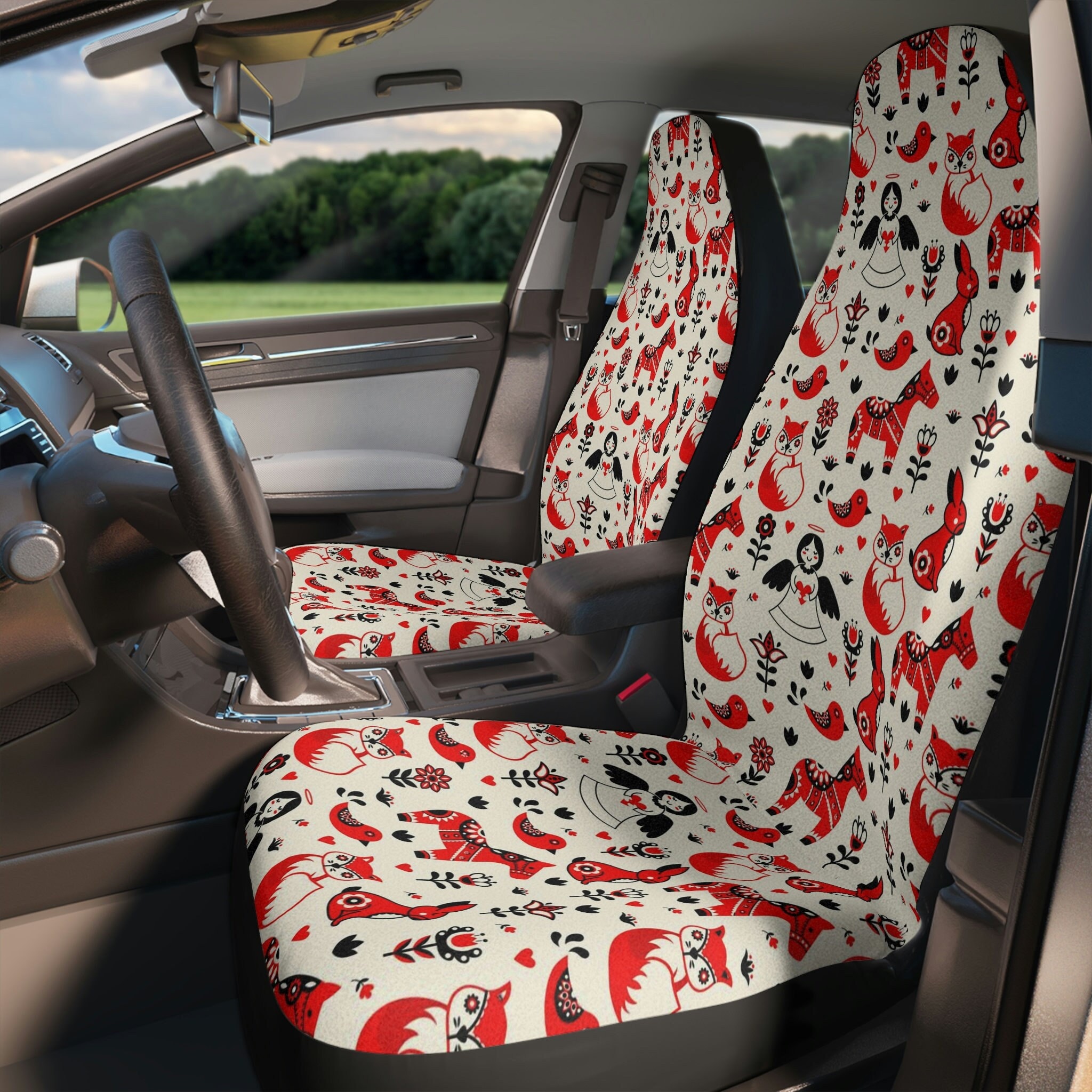 Scandinavian Folk Art Set of Two Front Car Seat Covers, Cute