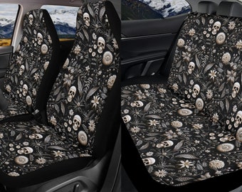 Gothic Skull Floral Car Seat Covers Full Set, Black And White Goth Flowers Front And Back Seat Covers For Vehicle, Halloween Car Decor Gift
