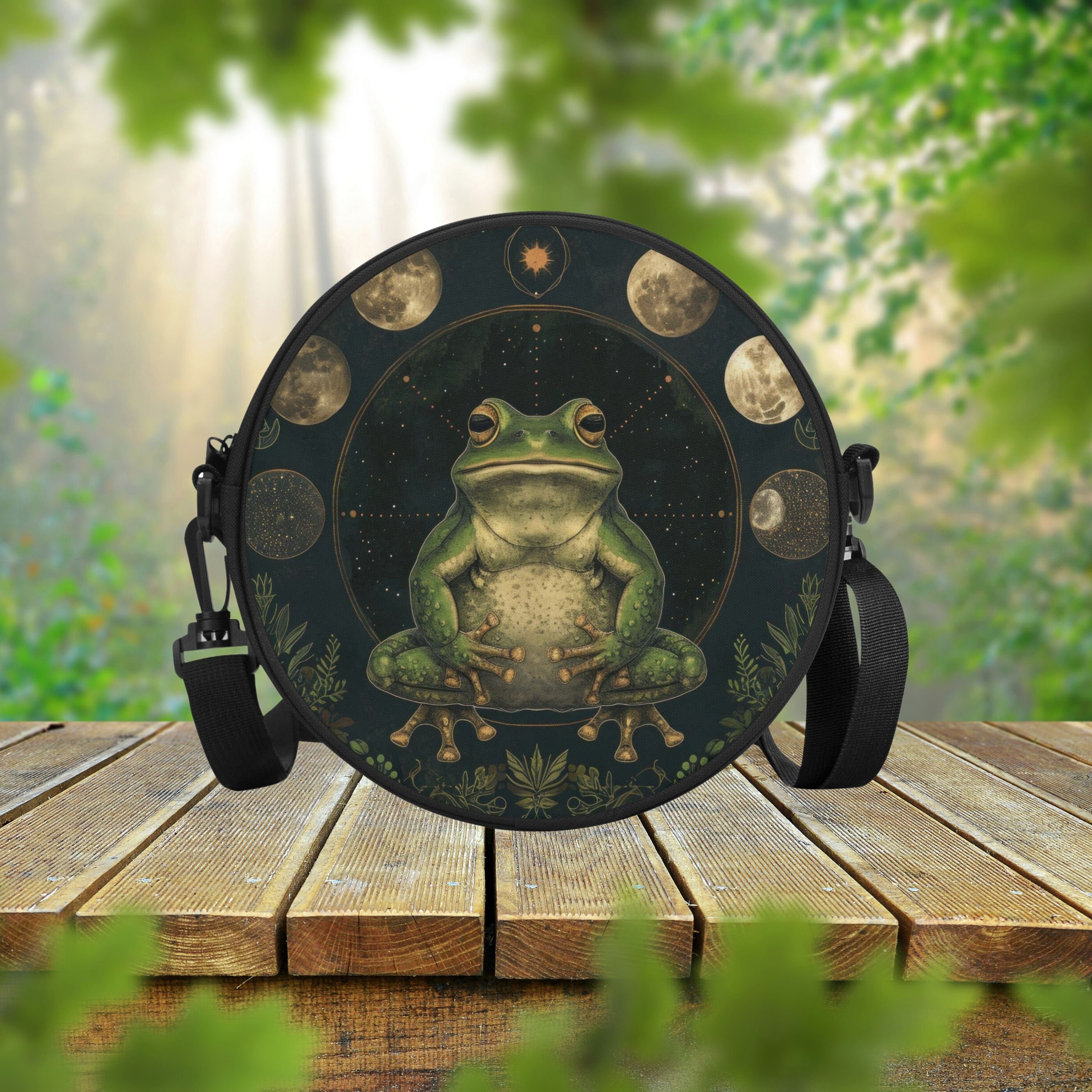 Green Frog Forest Round Satchel Bag, Celestial Moon Phases