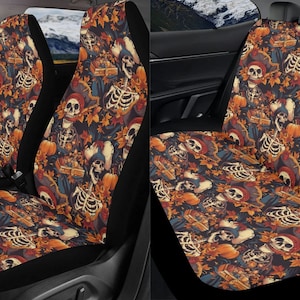 Pirate Skeleton Car Seat Cover Full Set, Fall Halloween Front And Back Seat Covers For Vehicle, Steering Wheel Cover, Car Decor Gift