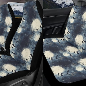 Halloween Night Car Seat Cover Full Set, Spooky Bats Retro Front And Back Seat Covers For Vehicle, Steering Wheel Cover, Car Decor Gift